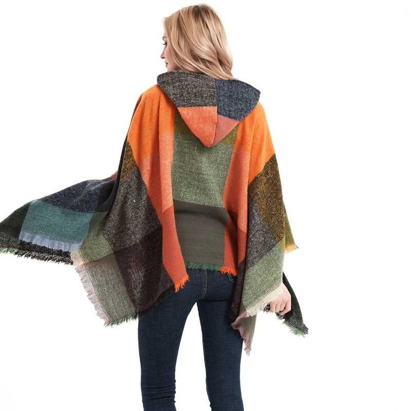 Warm Plaid Hooded Poncho Shawl Wrap for Ladies