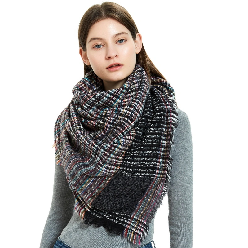 Winter Women Stylish Plaid Square Scarf with Fringe