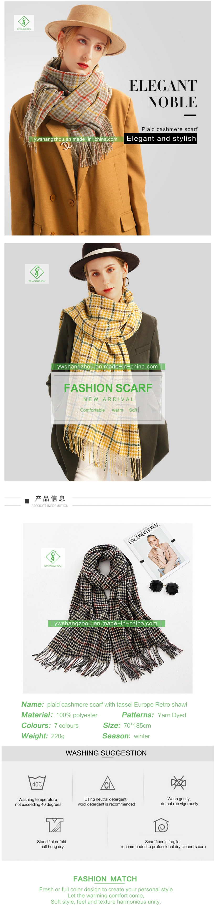 Europe Plaid Fashion Cashmere Scarf with Tassel Retro Lady Shawl