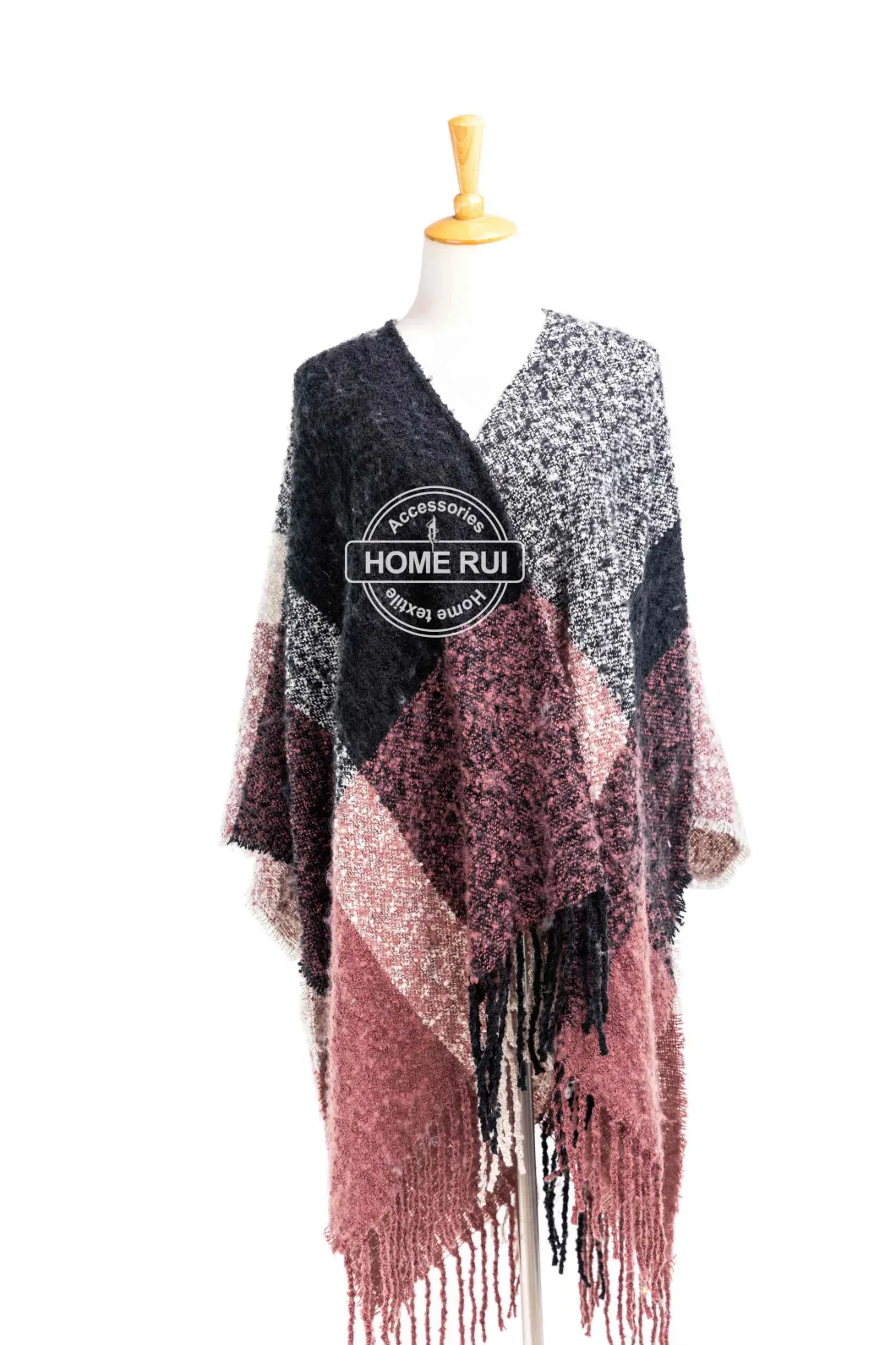 Spring Autumn Woman Lady Warm Fashion Acrylic Woven Boucle Yarn Brushed Black Rust Mixed Colour Fringe Wraps Grids Plaid Checks Shawl Poncho Pallium