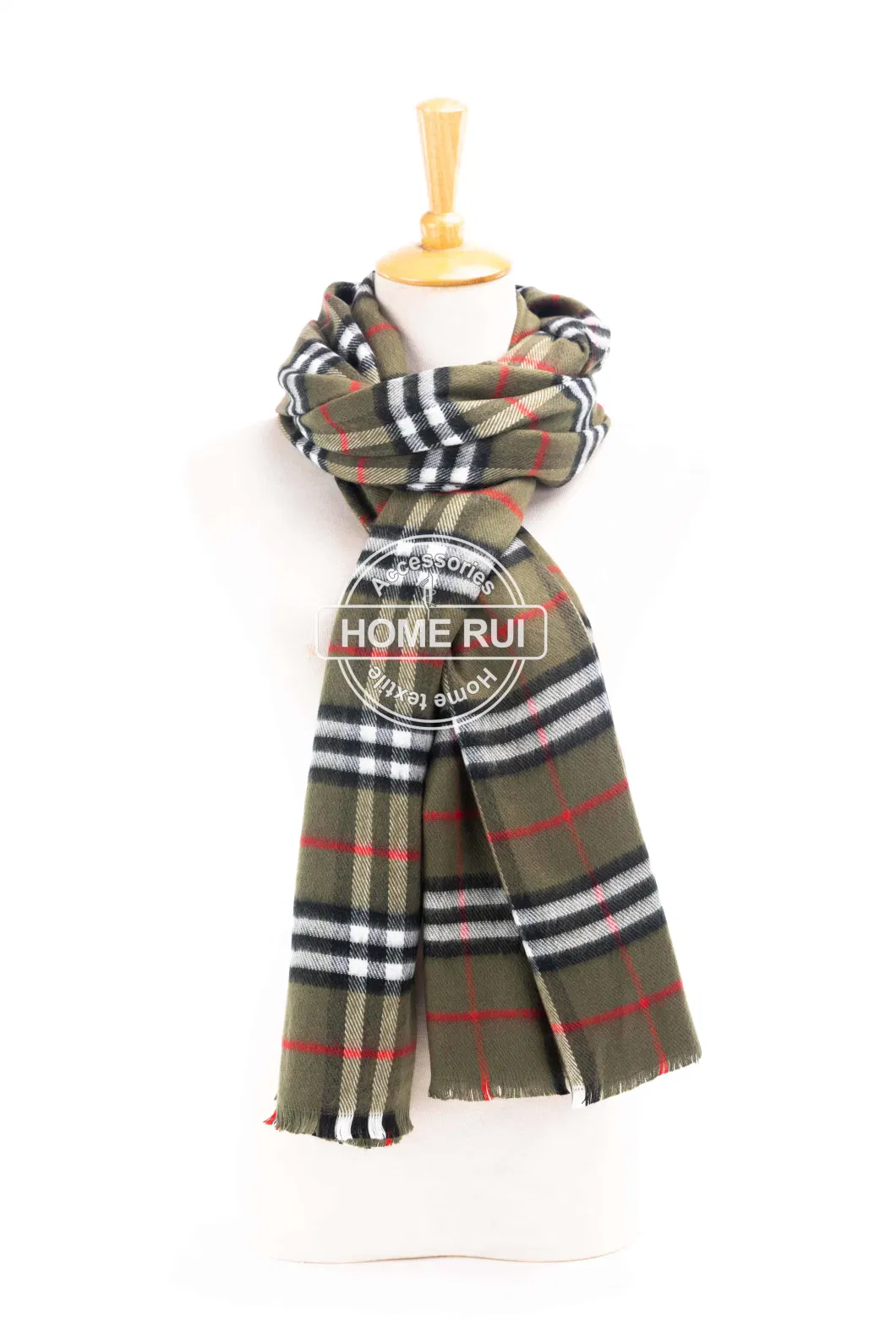 Fashion Accessory Men Winter Olive White Acrylic Woven Fringe Plain Plaid Grid Checks Brushed Long Scarf