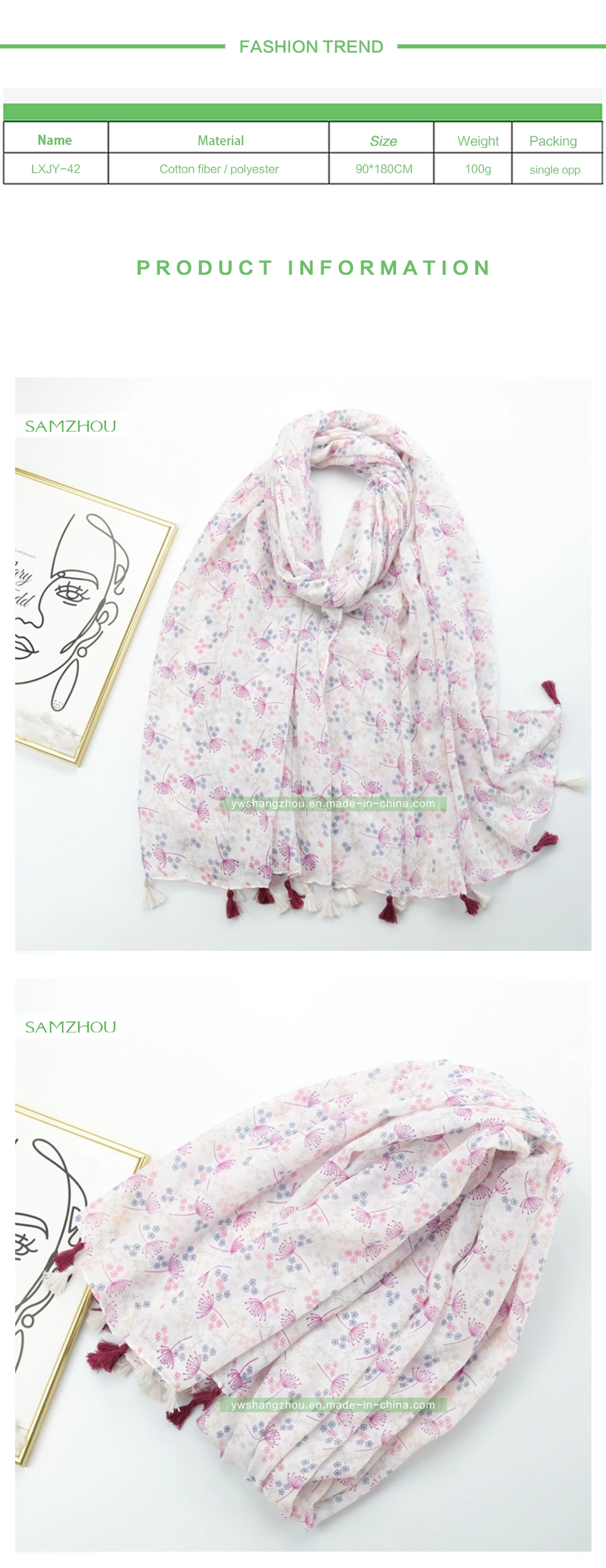 Spring Dandelion Printed Viscose Shawl Ladies Scarf with Tassel