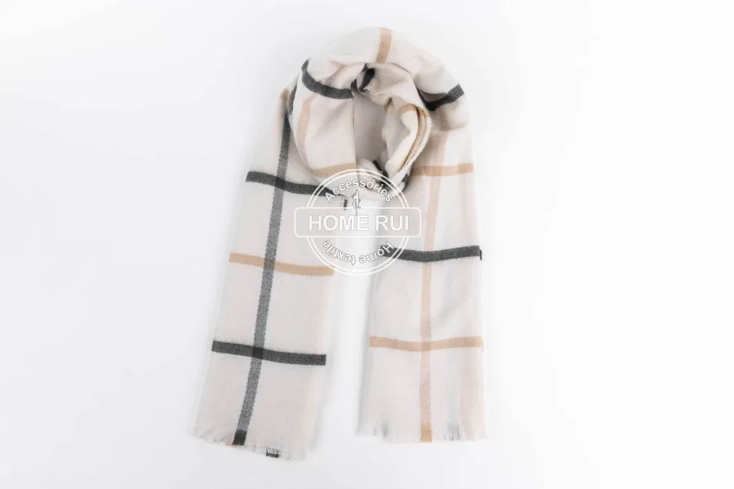 Wholesaler Outerwear Outfit Apparel Accessory Unisex Winter Multi Fringe Big Checks Grid Tartan Cashmere Feel Shawl Pashmina Windowpane Blanket Scarf