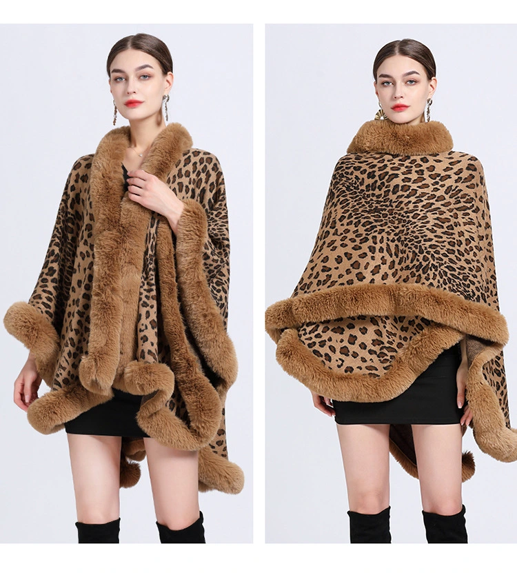 Winter Leopard Print Faux Rabbit Fur Collar Jacquard Women Poncho Shawl Cape