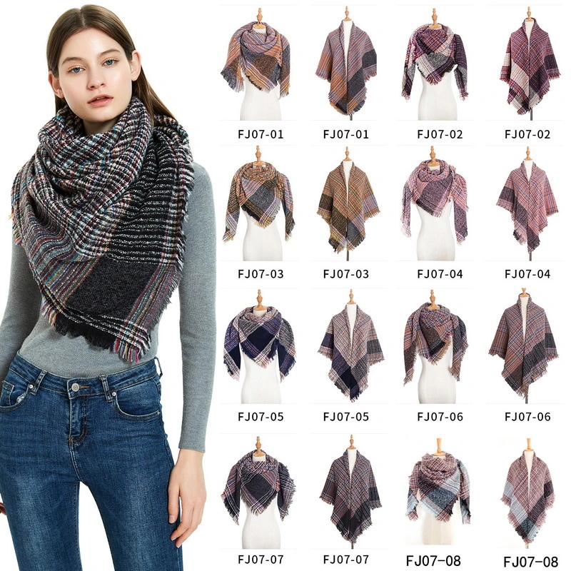 Winter Women Stylish Plaid Square Scarf with Fringe