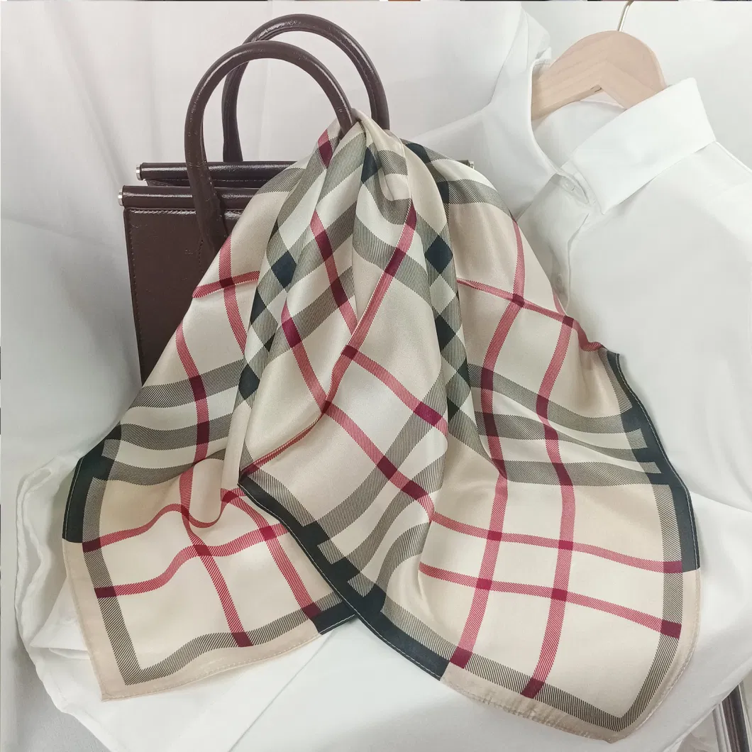 Simple Classic Plaid Silk Square Scarf Neckerchief Headband Women&prime;s Silk Square Scarf