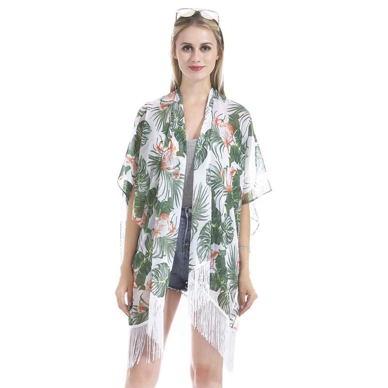 Summer Lightweight Floral Print Chiffon Kimono Poncho with Tassel