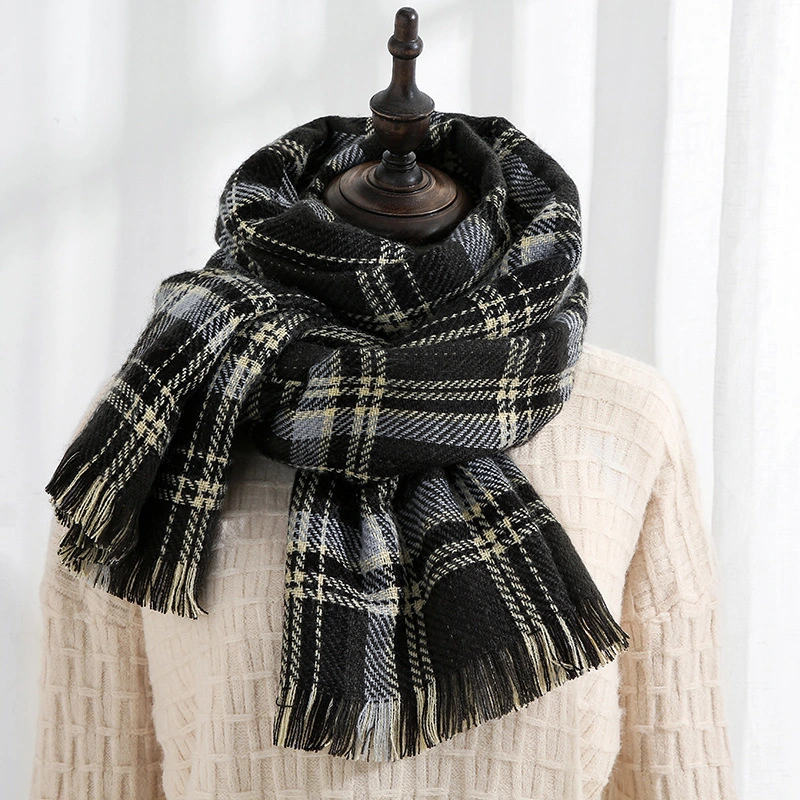 Double-Sided Plaid Multi-Color Winter Cashmere Tassel Classic Retro Polyester Cotton Lady Scarf