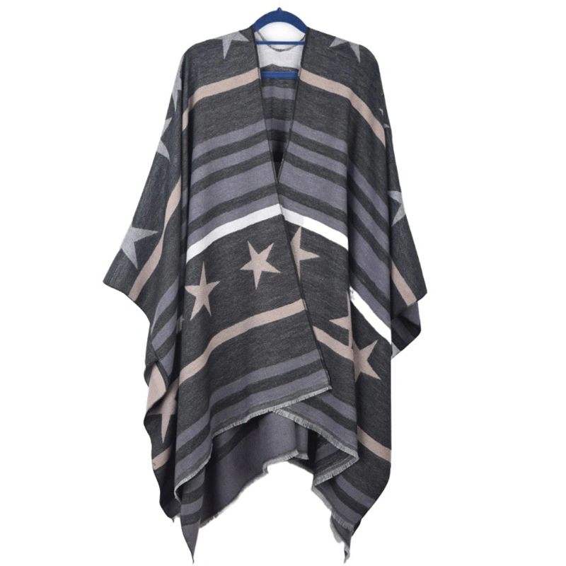 Red Star Jacquard Thick Woven Women Open Front Poncho for Winter