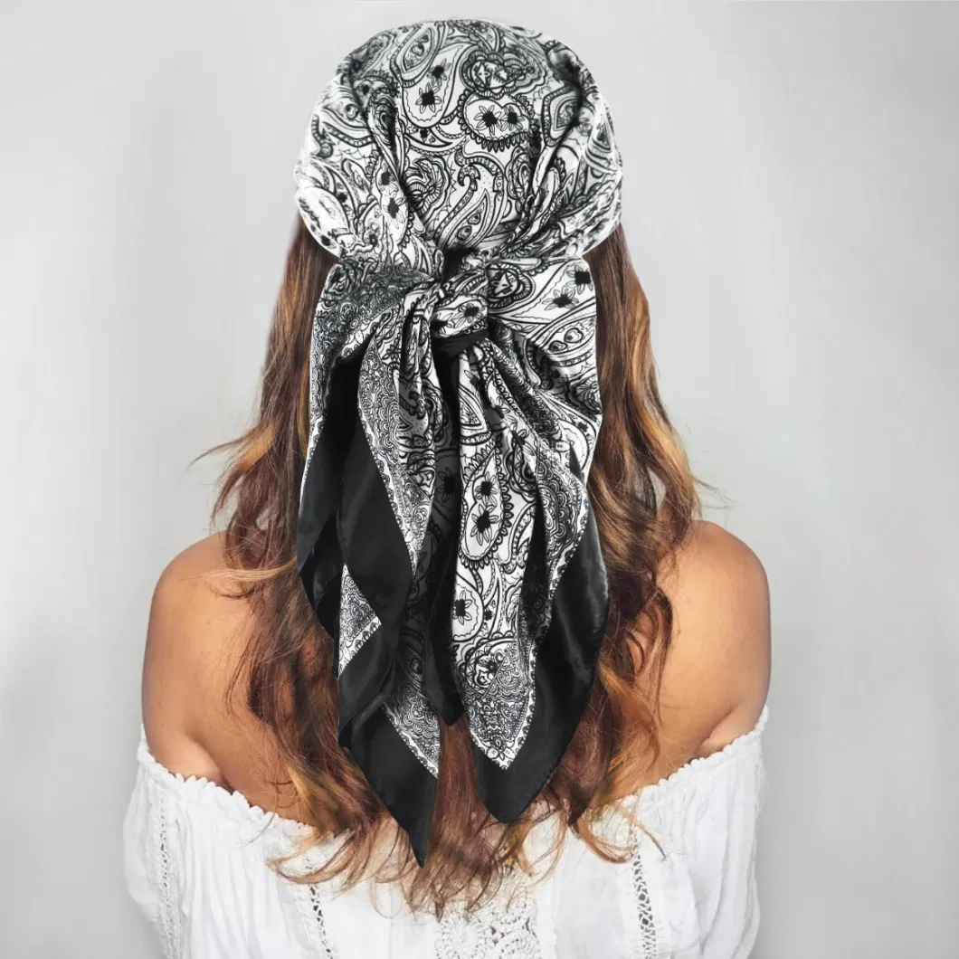 Wholesale Fashion Square Satin Scarf Digital Printing Silk Feeling Headscarf for Women