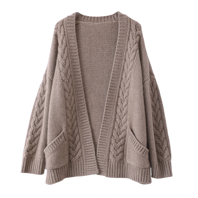 Autumn Winter Ladies 100% Fine Cashmere Cable Knitted Long Cardigan Coat