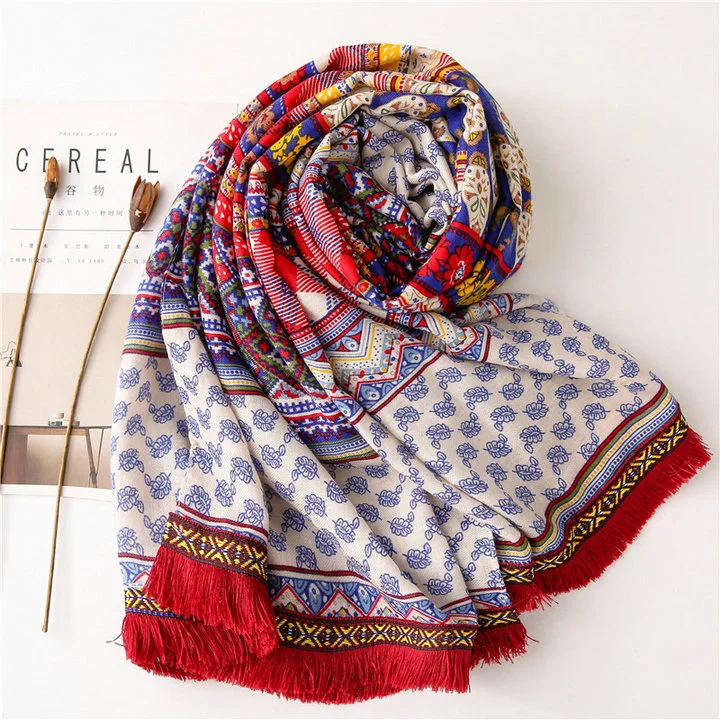 Bohemian Ethnic Printing Scarf Boho Patchwork Prints Shawl Macrame Lace Tassels Autumn Hijab Geometry Cotton Feeling Twill Scarf for Women