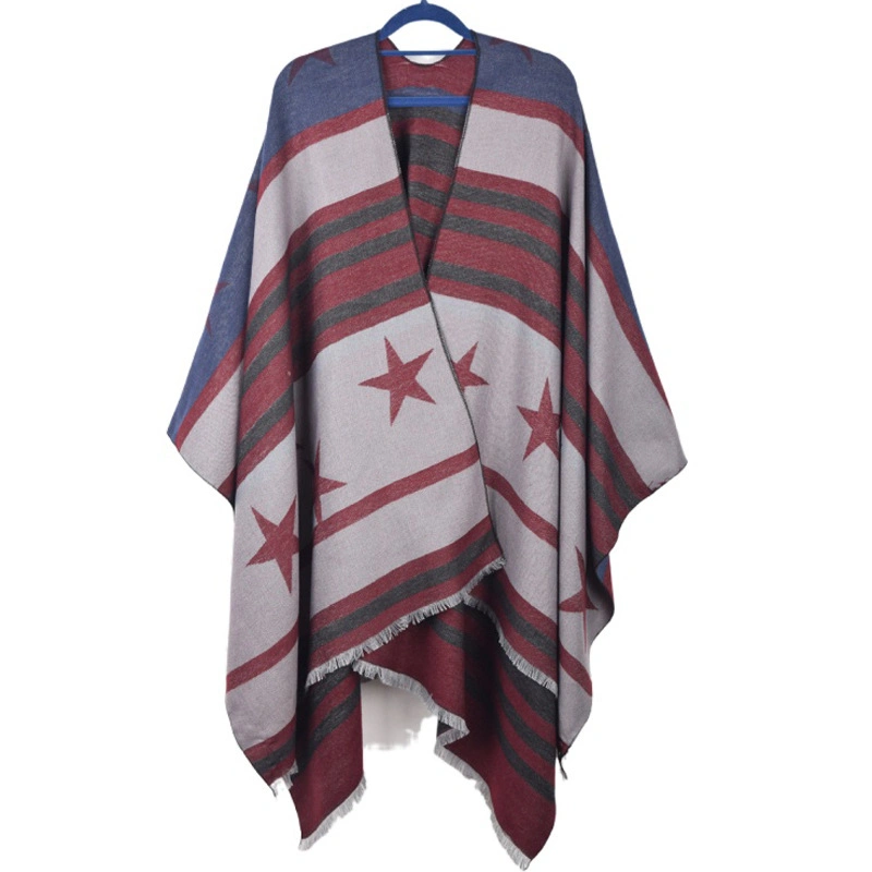 Red Star Jacquard Thick Woven Women Open Front Poncho for Winter