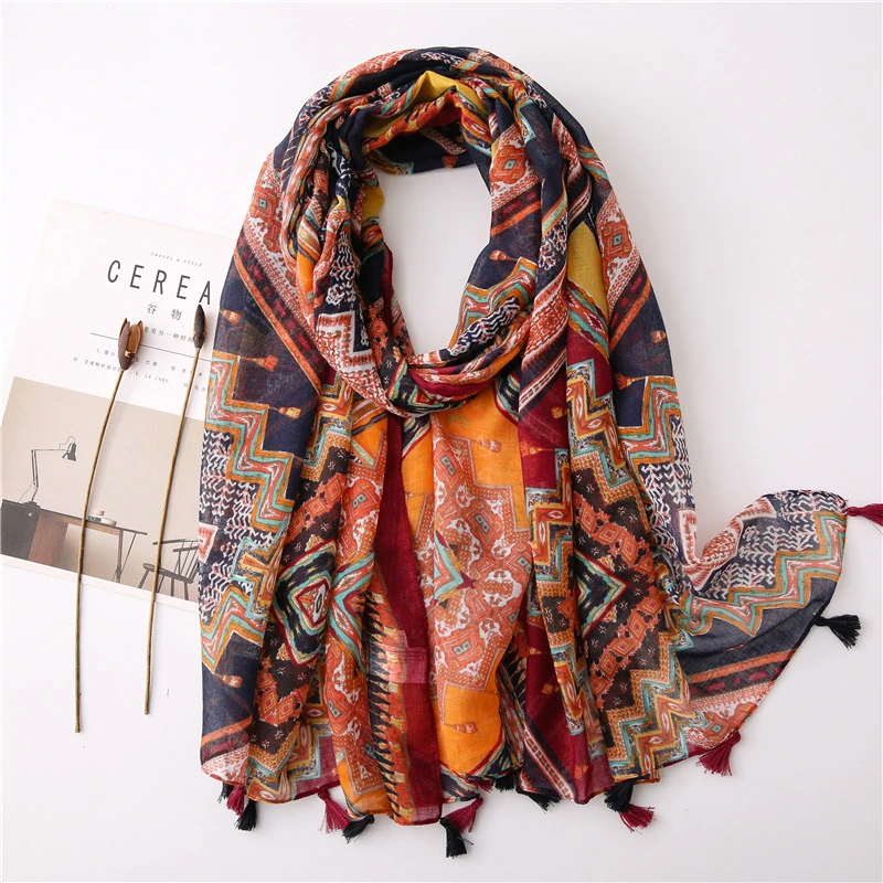 New Bohemian Color Geometric Diamond Print Scarf Spring and Summer Cotton and Linen Feel Sunscreen Silk Lady Scarf