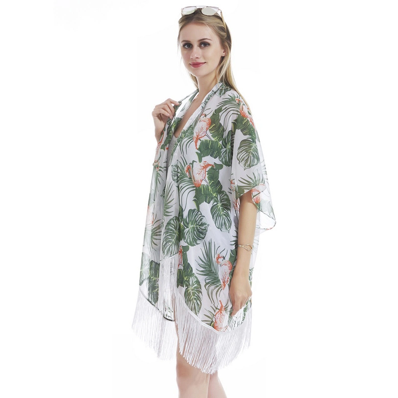 Summer Lightweight Floral Print Chiffon Kimono Poncho with Tassel