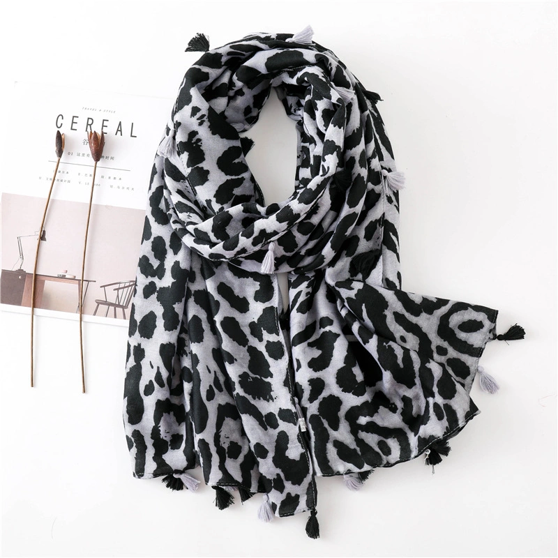 Female Autumn Winter Classic Leopard Print Animal Pattern Shawl Tassel Hijab Scarf