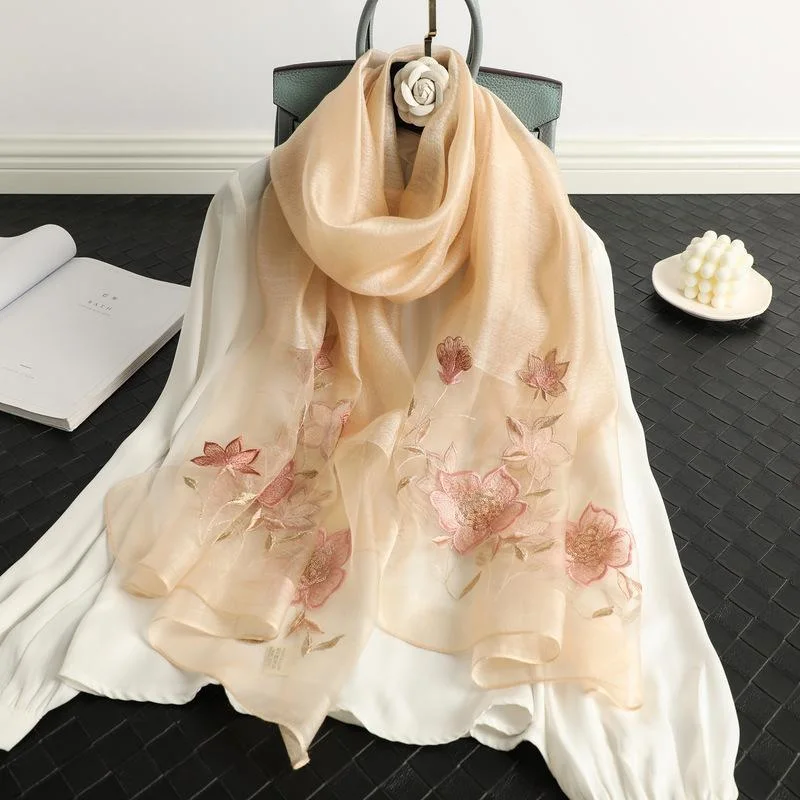 Premium Women Wool Silk Scarf Embroidery Mulberry Silk Scarves Comfortable Shawl