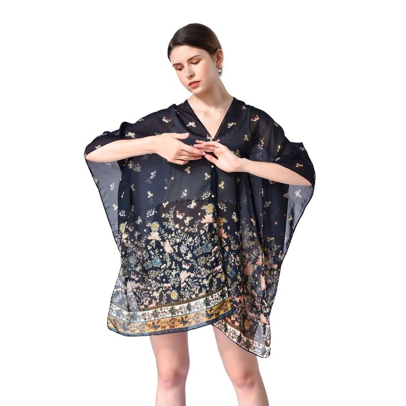 Oversized Summer Cape Poncho with Pearl Button for Lady