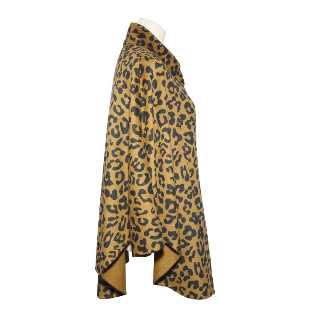 Women Leopard Print Cashmere Woolen Shawl Coat