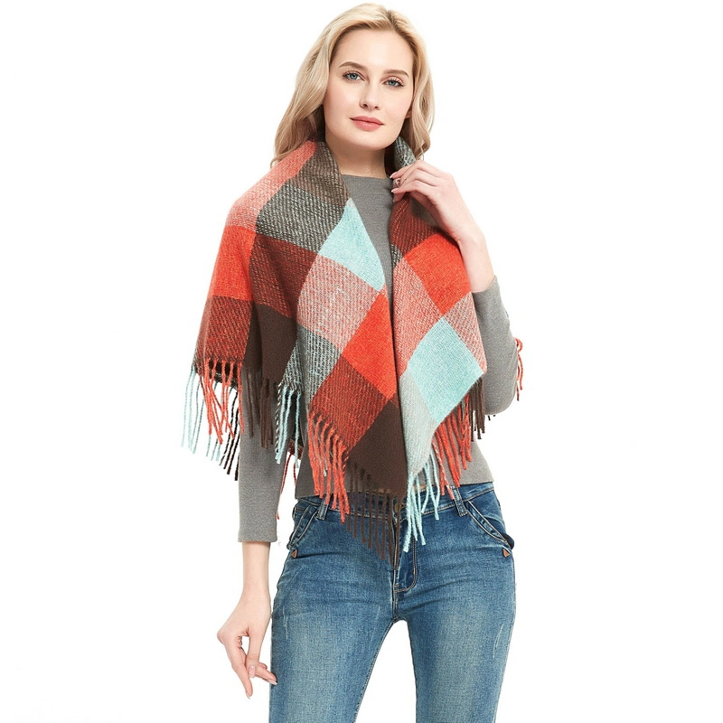 Custom Stylish Plaid Square Scarf with Fringe for Womens