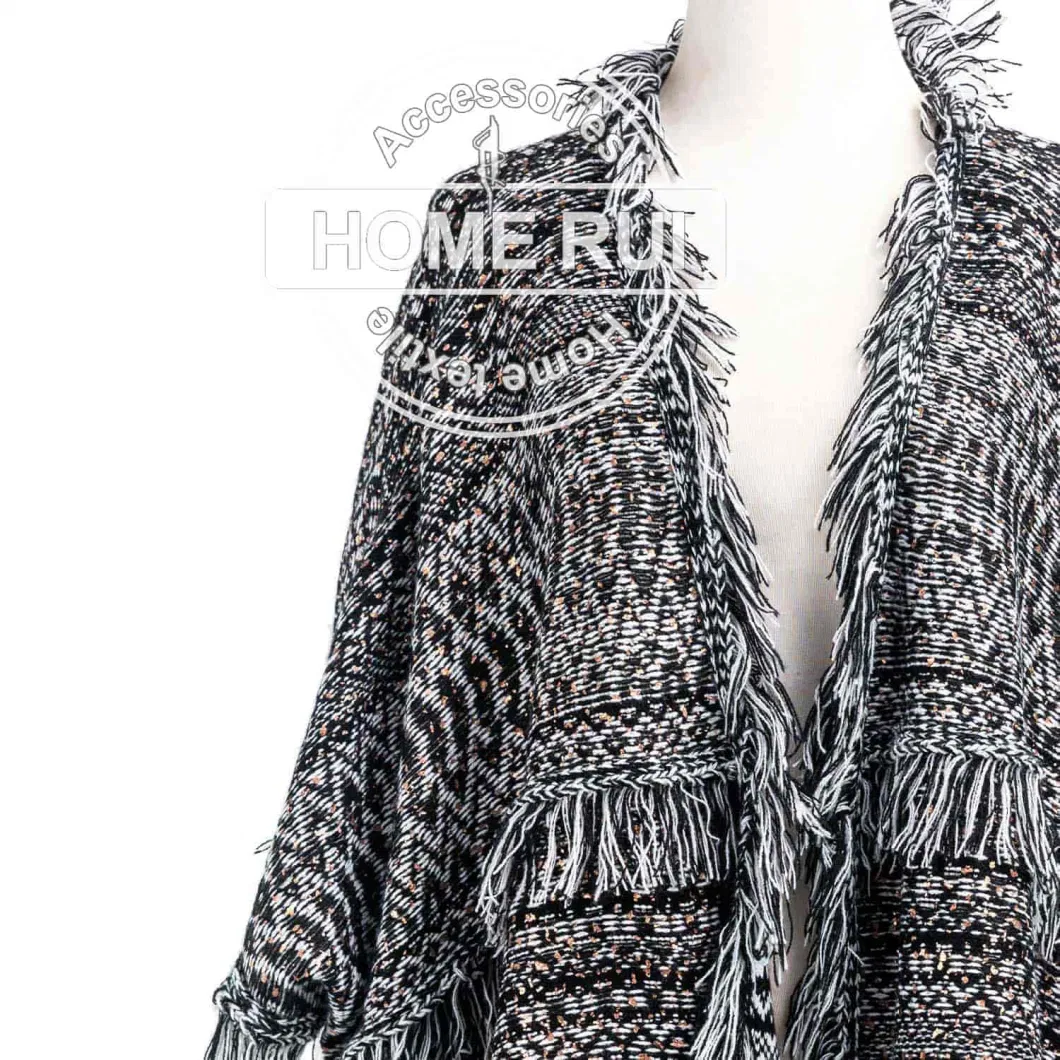 Home Rui Maufacturer Outerwear Spring Autumn Woman Warmth Apparel Accessory Fashion Rhombus Knitted Black Mixed Oversize Wraps Fringe Shawl Cardigan Cloak Cape