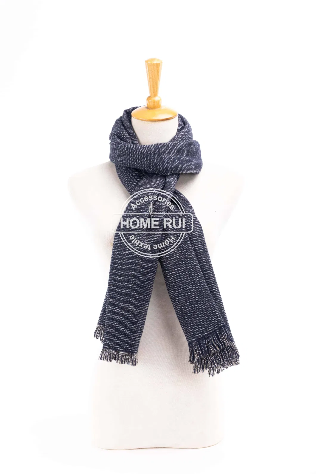 Fashion Accessory Men Winter Navy Acrylic Woven Fringe Plain Jacquard Brushed Long Scarf