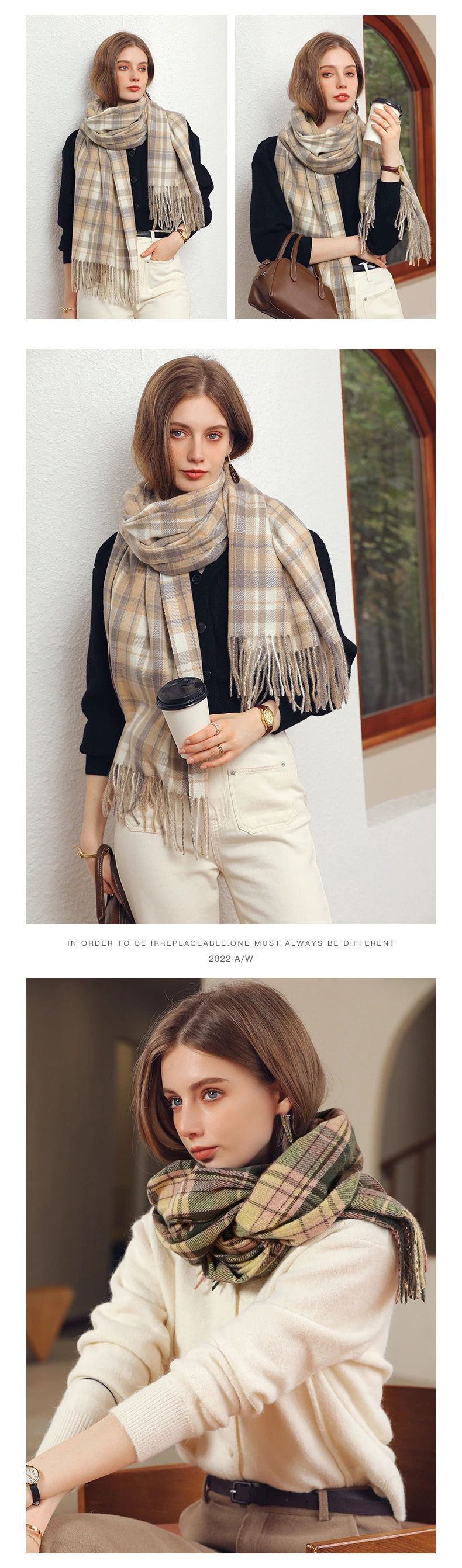 Women&prime;s Autumn and Winter Colorful Plaid Shawl Thickening Warm Fringe Warm Soft Large Blanket Scarf