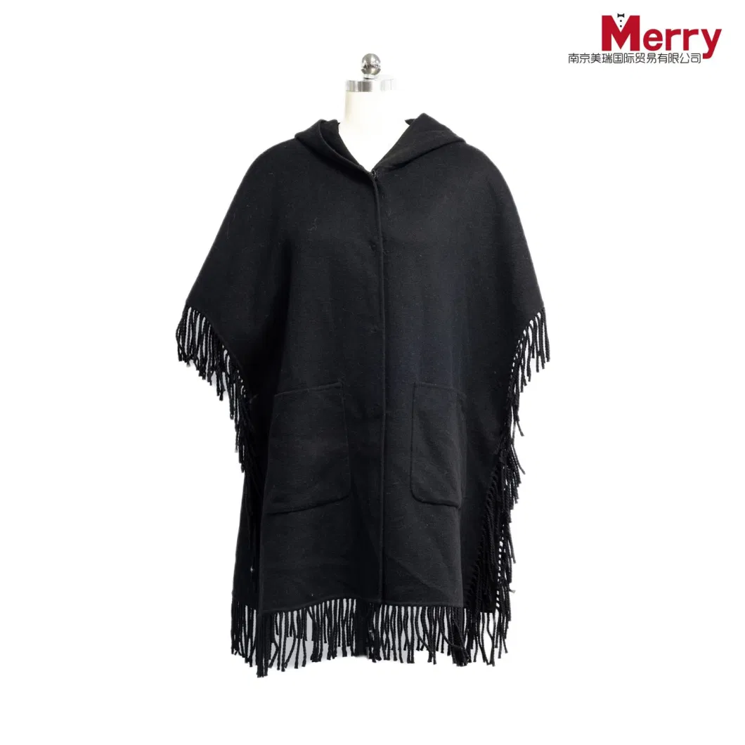 Women Fashion Clothes Sleeveless Double Wool Hand Made Hooded Cape in Winter