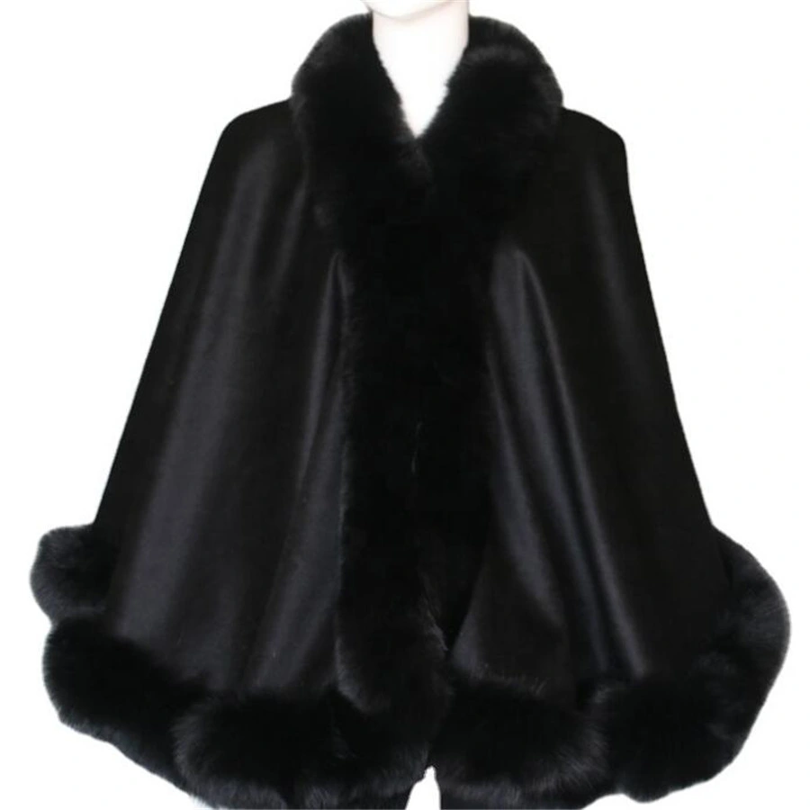 Cashmere Cape with Fur Trim Real Fox Fur Poncho Fur Cloak
