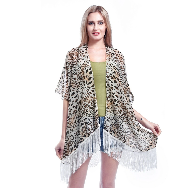 Wholesale Women Summer Leopard Print Cover UPS Poncho with Tassel