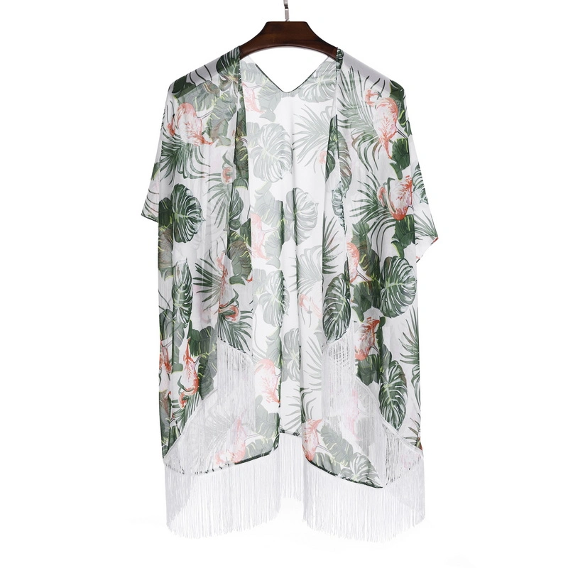 Summer Lightweight Floral Print Chiffon Kimono Poncho with Tassel