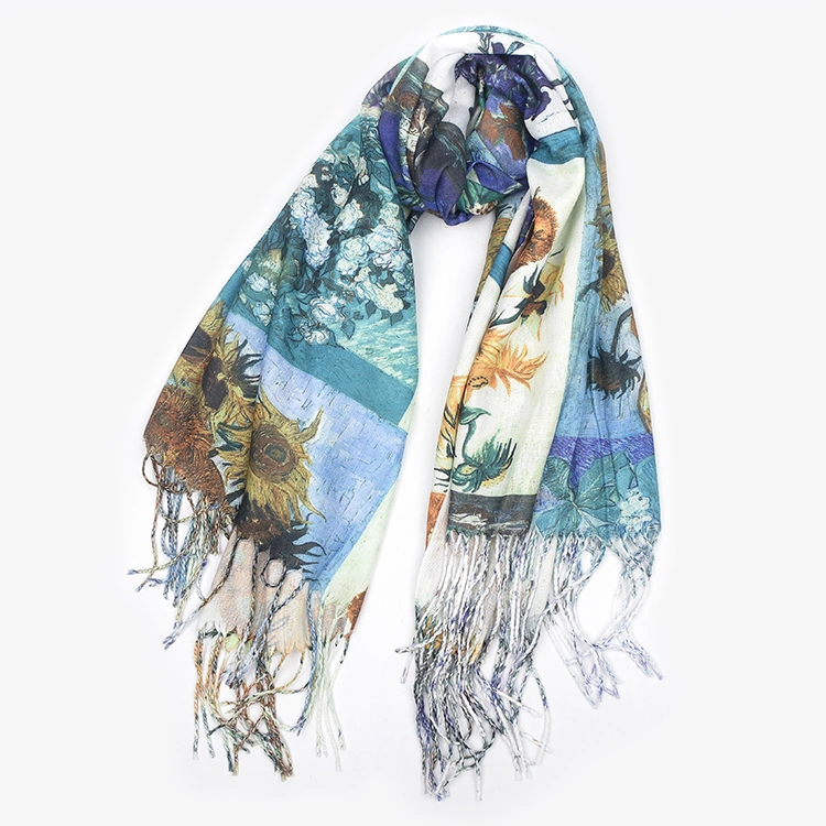 Lightweight Floral Flower Spring Large Wrap Shawls Oversized Cape Tassel Scarf Linen Scarves