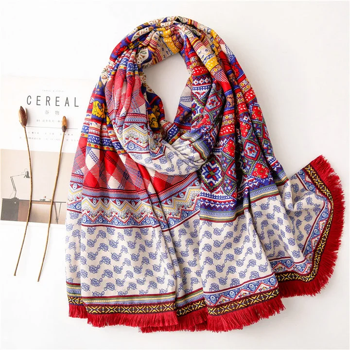 Bohemian Ethnic Printing Scarf Boho Patchwork Prints Shawl Macrame Lace Tassels Autumn Hijab Geometry Cotton Feeling Twill Scarf for Women