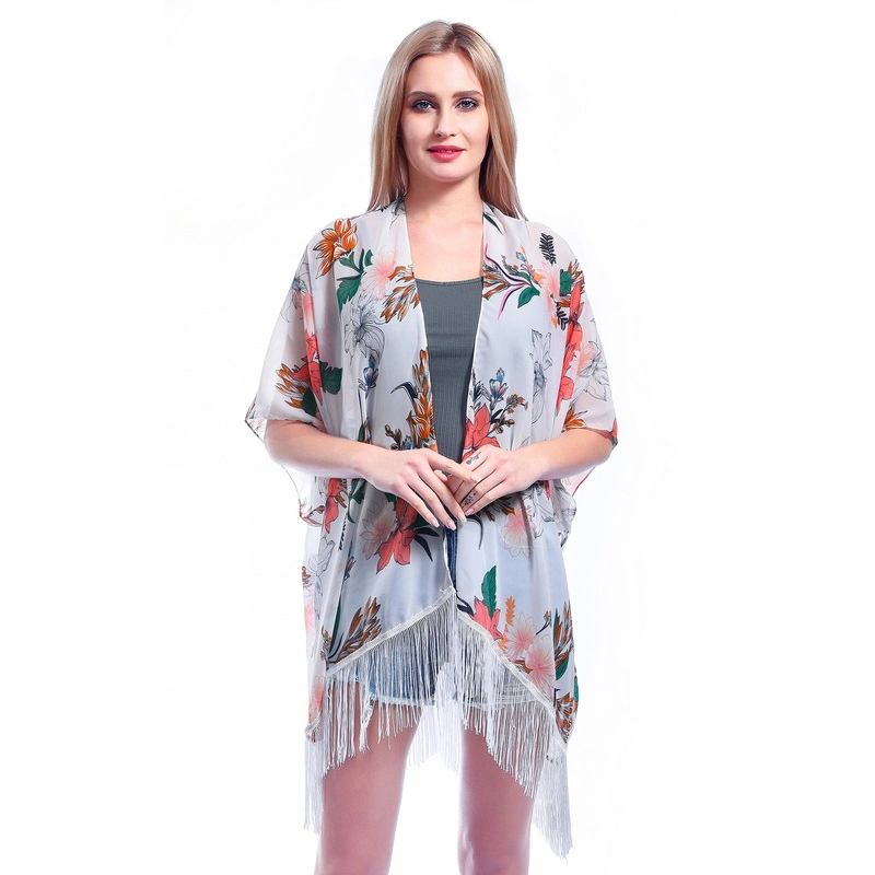 Oversized Stylish Lady Floral Print Chiffon Open Front Poncho