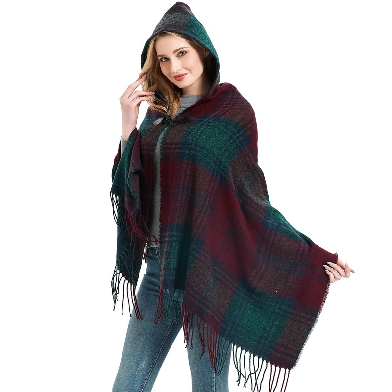 Winter Plaid Ladies Hooded Poncho Cape with Horn Button