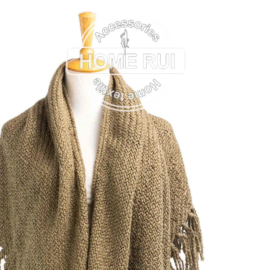 Spring Autumn Woman Lady Warm Fashion Acrylic Woven Solid Brown Oversize Wraps Twill with Fringes Poncho Shawl