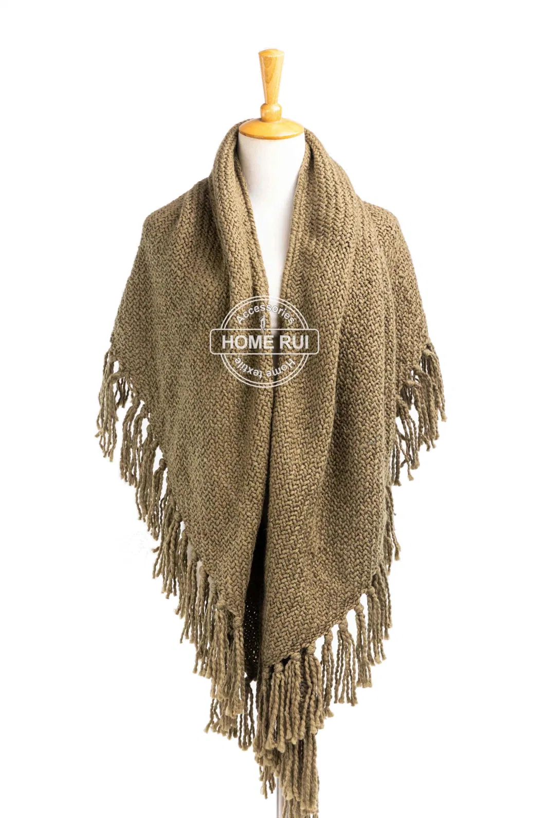 Spring Autumn Woman Lady Warm Fashion Acrylic Woven Solid Brown Oversize Wraps Twill with Fringes Poncho Shawl