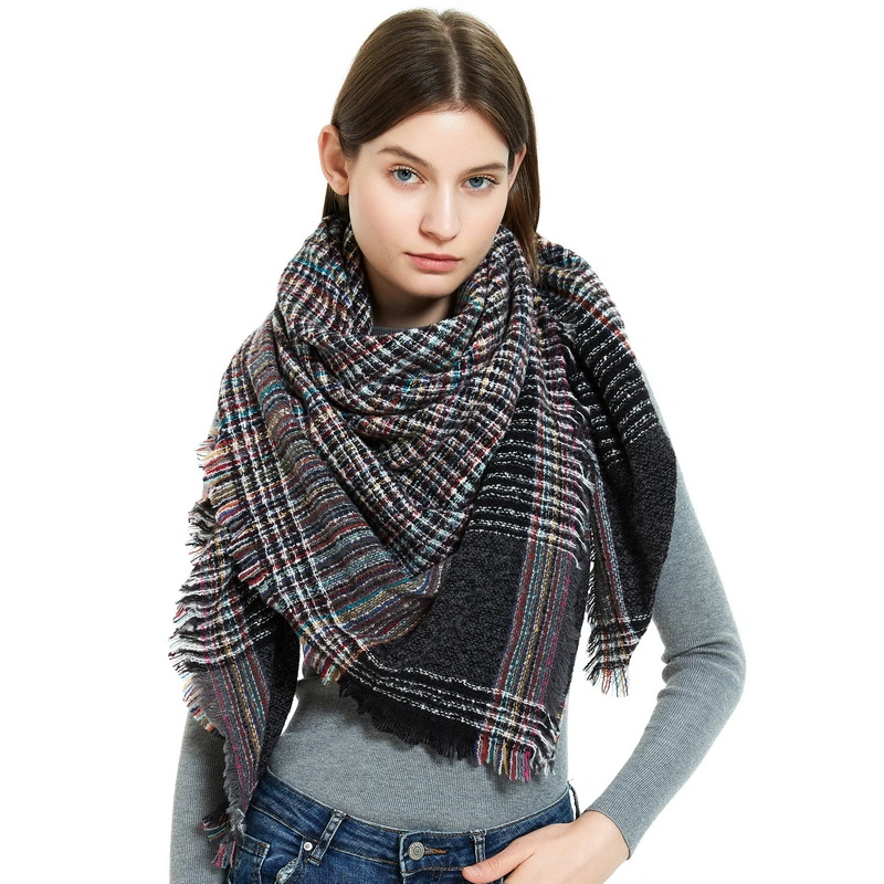 Winter Women Stylish Plaid Square Scarf with Fringe