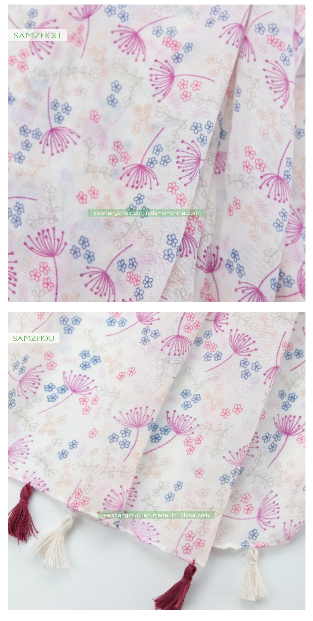 Spring Dandelion Printed Viscose Shawl Ladies Scarf with Tassel