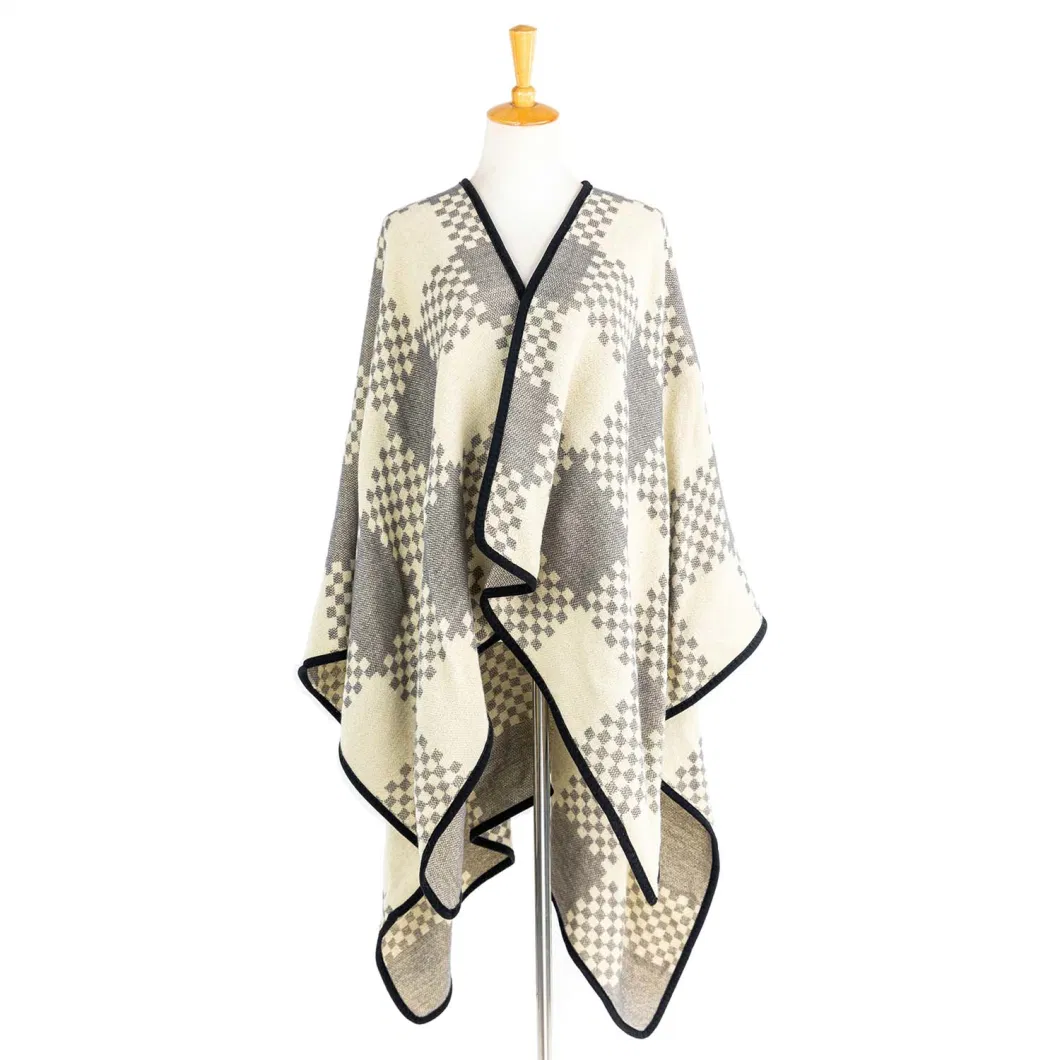 Woman Mustard Warmth Apparel Oversize Double Sides Beige Block Soft Front Open Lattice Tartan Grids Dots Square Art Casual Shawl Sweaters Cape Pallium Poncho