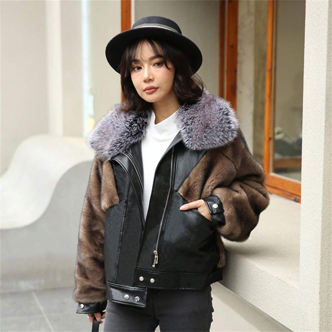 Lady Coat Winter Faux Fox Fur Splicing Leather Contrasting Colors Fur Collar Jackets Xysx03158 Outdoor Leisure Fashion Long Sleeve Coats