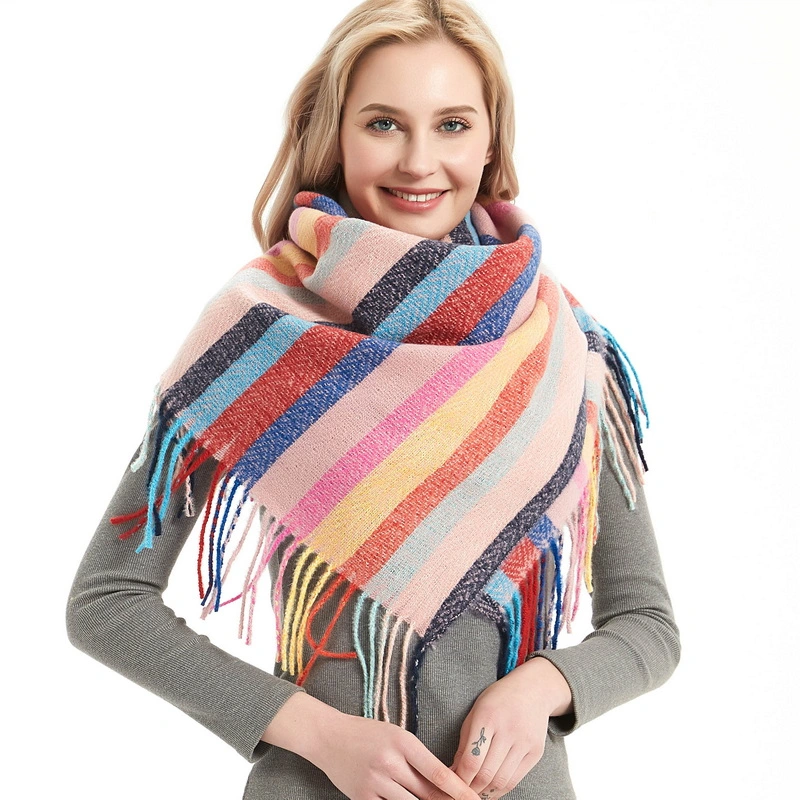 Oversized Colorful Striped Print Women Square Shawl Scarf with Fringe