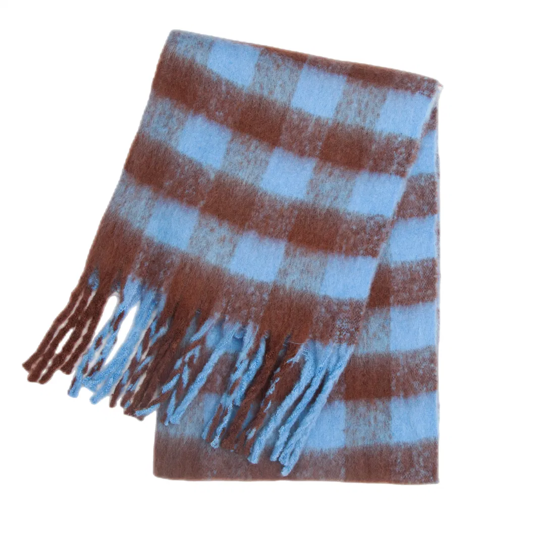 Wholesale Winter Thermal Knitted Colorful Plaid Wool Scarf Thick Women Cashmere Shawl Scarf