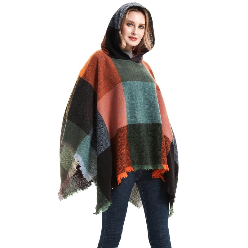 Warm Plaid Hooded Poncho Shawl Wrap for Ladies