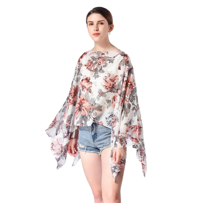 Summer Beach Floral Print Women Kimono Poncho with Buttons