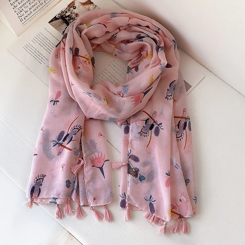 2023 New Pink Cotton and Linen Scarf Women&prime; S Spring and Summer Thin Section Shawl Tassel Parrot Korean Version Long Wild Silk Scarf