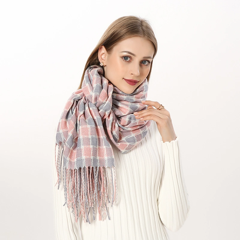 Women&prime; S Stylish Long Tartan Checked Scarf Wrap with Fringe