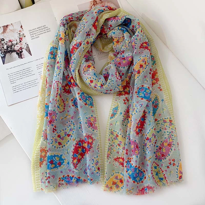 2022 Spring and Autumn Thin Section Small Fresh Fruit Green Yellow Cashew Flower Cotton Linen Scarf Female Sunscreen Shawl Shawl