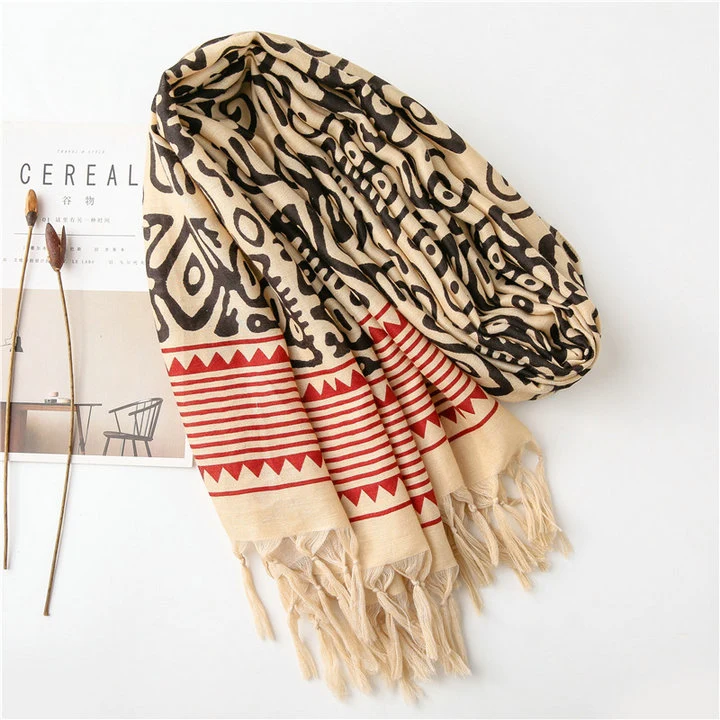 Spring Autumn Bohemian Ethnic Scarf Boho Totem Prints Shawl Long Tassels Warm Hijab Geometry Cotton Feeling Twill Strip Printing Scarf for &#160; Women