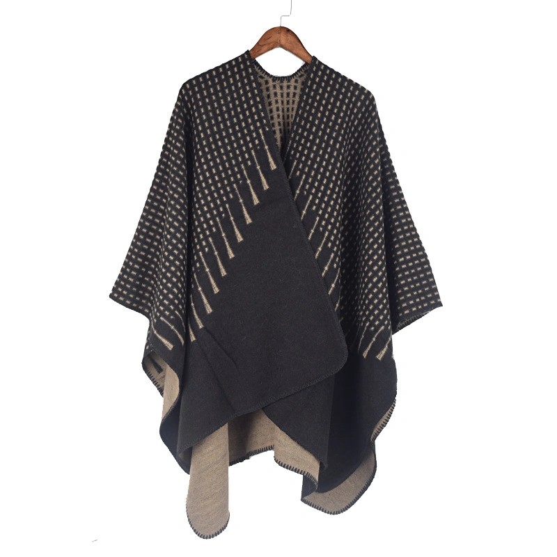 Fashion Shawls Plain Jacquard Blanket Poncho Front-Open Winter Warm Women Cape